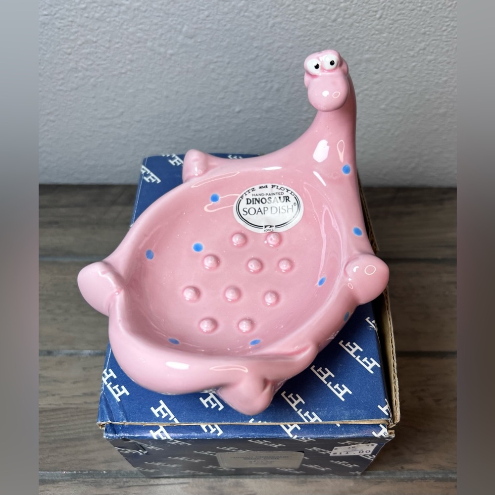 Vintage Fitz & Floyd NEW "Dinah Dinosaur" Pink & Blue Polka Dot Soap Dish w/Box